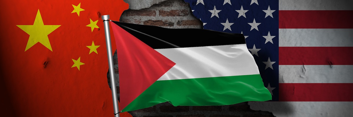 Palestinian flag, on the background flags of China and the USA